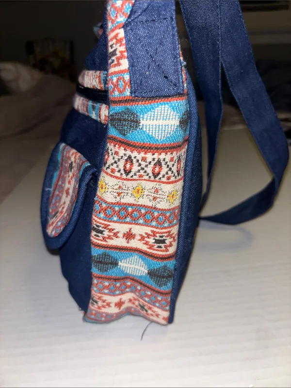 Canyon Sky Blue Denim Bag With Southwestern Embroidery Along Edges Multicolored - Image 10