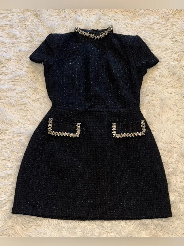 NEW NADINE MERABI Simone Embellished Trim Shimmer Tweed Black Minidress Sz 8 - Image 5