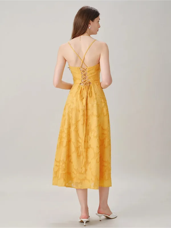 Rihoas Yellow X Cross Jacquard Slip Midi Dress - Image 8