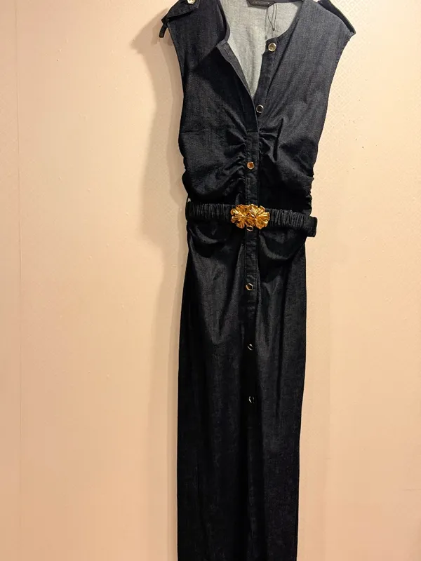 NWOT Zara Navy Blue Denim Button Front Sleeveless Midi Shirt Dress Gold Belt S - Image 3