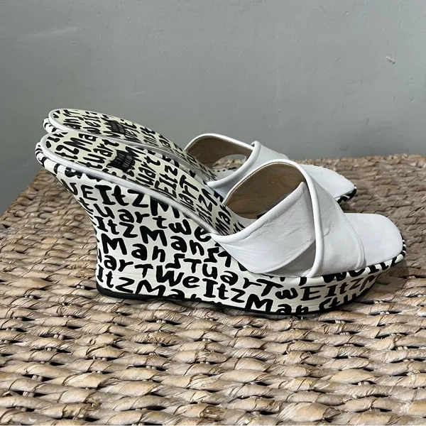 Stuart Weitzman New Black & White Leather‎ Graffiti Print Logo Sandal Wedge 9.5 - Image 4