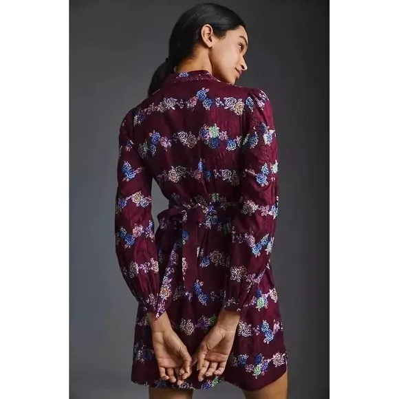 BY ANTHROPOLOGIE Mini Tunic Long Sleeve Dress Floral‎ Lace Trims Purple X-Small - Image 8