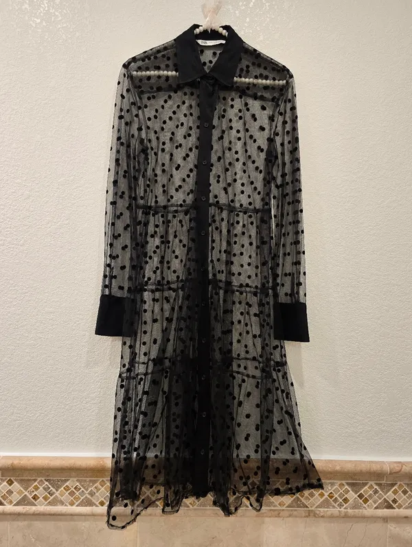 Zara tulle sheer polka dot Black dress XS - Image 3