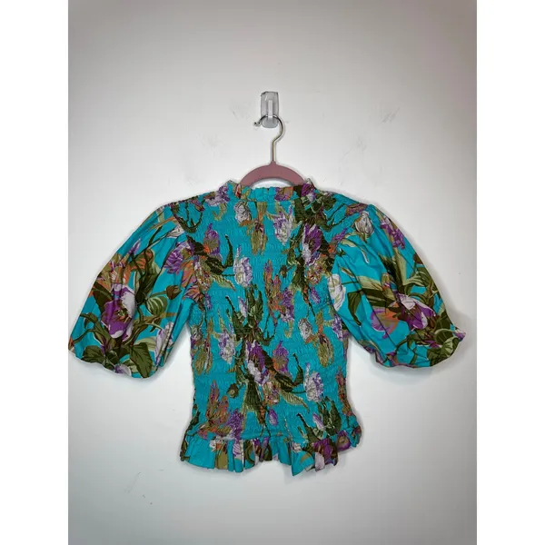 Love The Label Green Floral Ruffle Puff Short Sleeve Cotton Blouse Size XS - Image 8