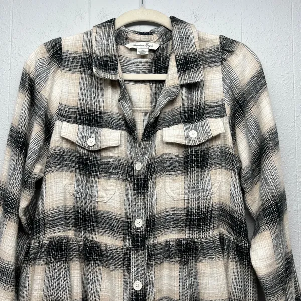 American Eagle Plaid Flannel Long Sleeve Shirt Dress Womens Large Y2K Grunge - Image 4