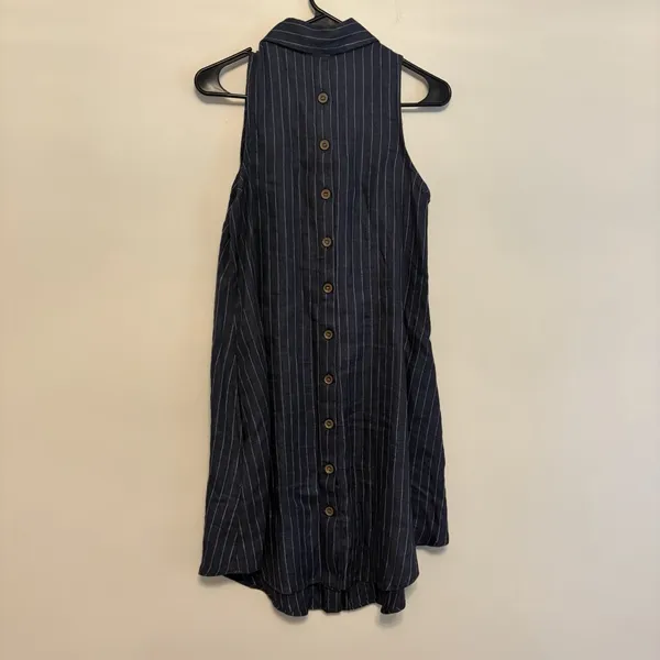 Boho Chic Small Button Up Sleeveless‎ Dress Blue White Linen Collared Natural - Image 2