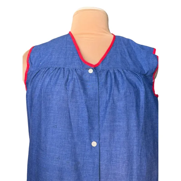 Vintage 70s Hot Air Balloon Smock Vest Blue Chambray Rainbow‎ Snap Front Top - Image 2