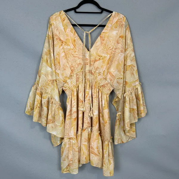 Vici Boho Floral Mini Dress Medium Yellow Ruffle Flowy Festival Summer Chic - Image 2