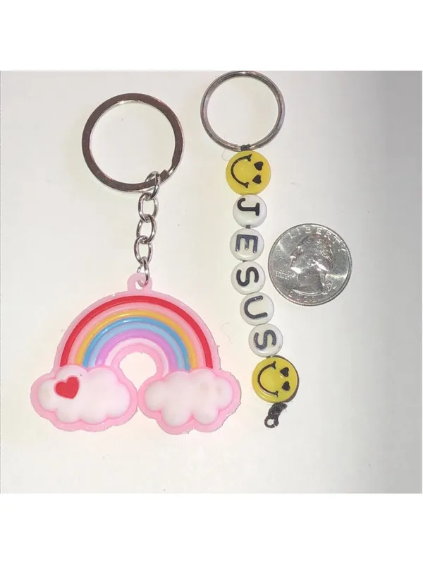 Rainbow and Smiley Jesus Boho Keychain Set Pink - Image 3