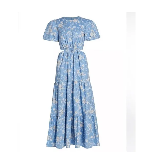 Wayf Plaza Floral Cut-Out Tiered Maxi Dress Size Small Blue and White - Image 2