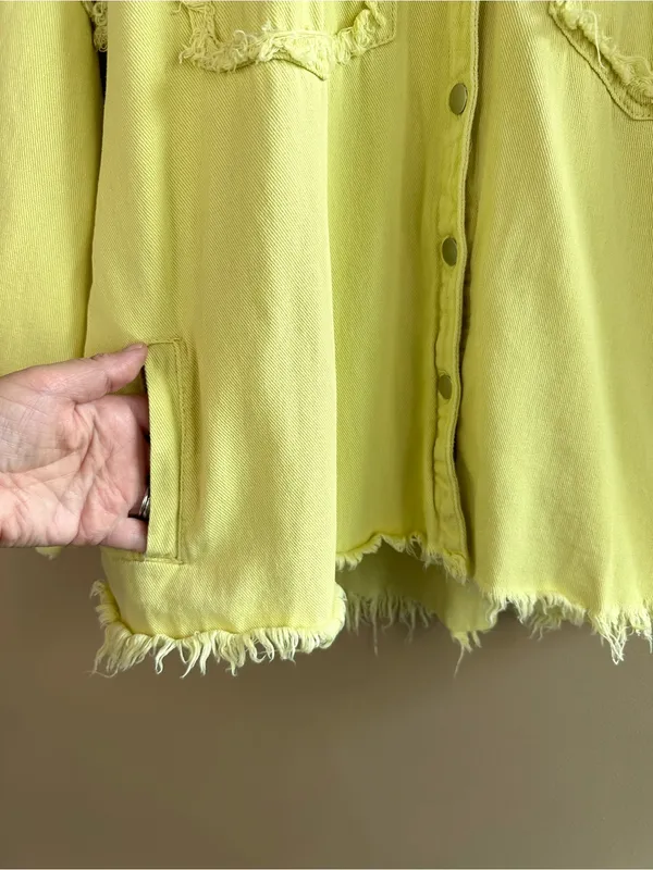 POL Chartreuse Green Raw Hem Cotton Shacket Jacket Oversized Frayed Small Casual - Image 5