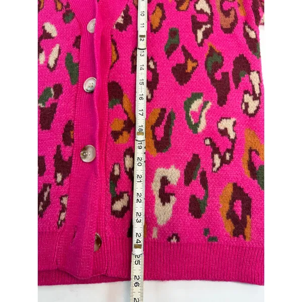 Entro Hot Pink Leopard Print Cardigan V-Neck Button Front Knit Sweater Womens M - Image 5