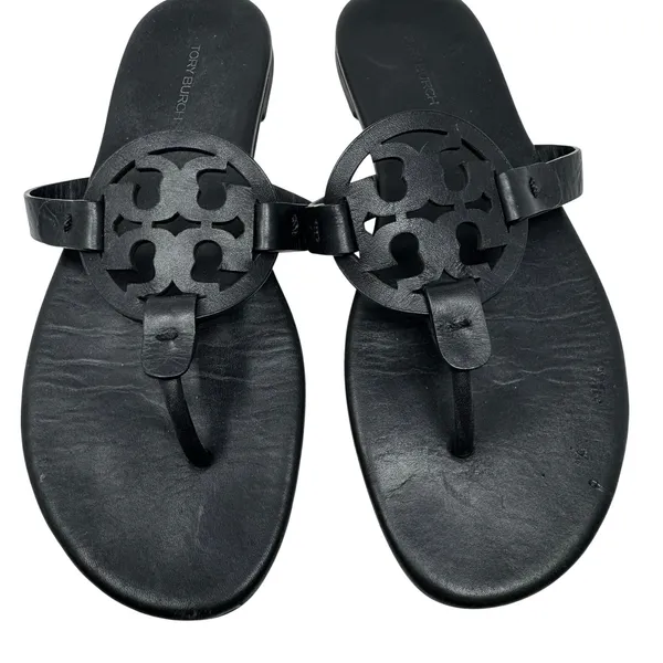 Tory Burch Miller Black Matte Leather Logo Medallion Flat Sandals Size 8 - Image 4