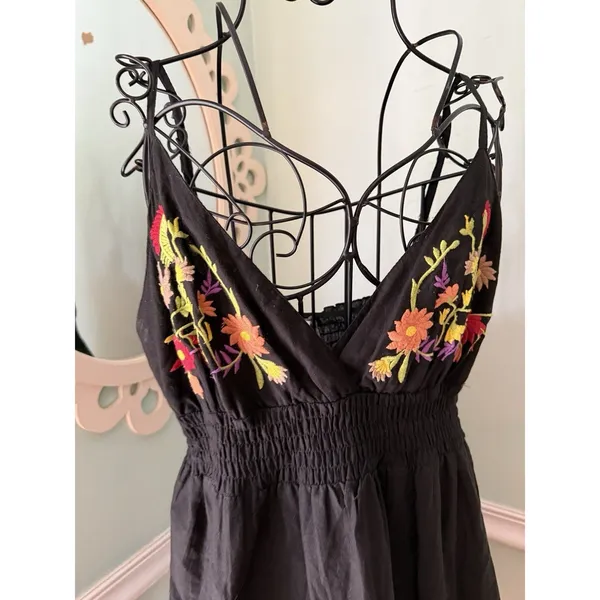 OCEAN BREEZE 90s/Y2K Black Embroidered Beach Cover /‎ Sundress L - Image 2