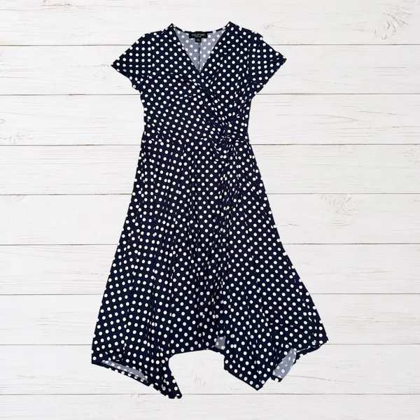 Polka Dot Faux Wrap Midi Dress Navy White Knotted Waist Short Sleeve Size 8 - Image 2