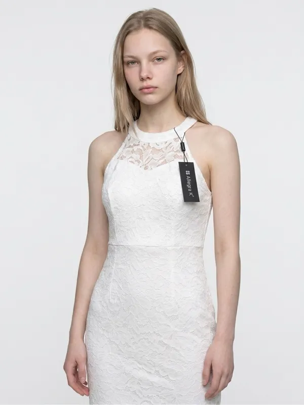 White Lace with Satin Finish Halter Sheath Dress Size M - Image 3