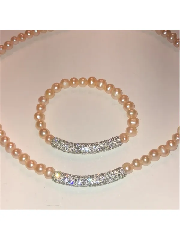 Pale Pink Genuine Pearls CZ Rhinestone Necklace Bracelet Set - Image 3