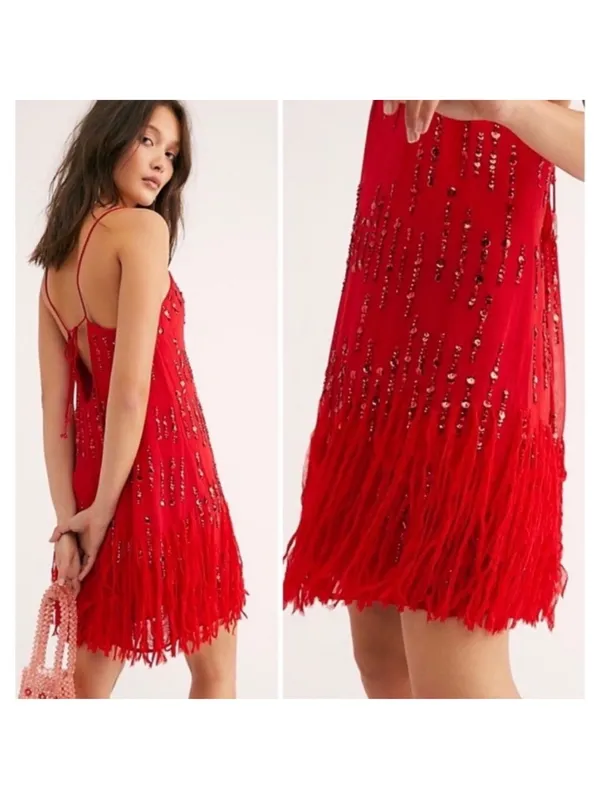 Free People Red Crystal Clear Fringe Retro Flapper Round Neck Thin Strap Dress S - Image 7