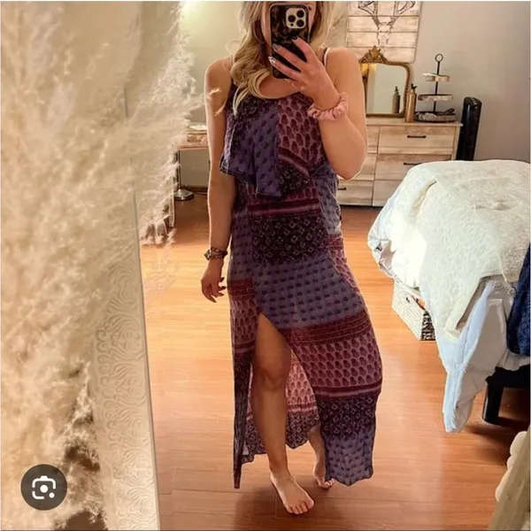 American Eagle Boho Strappy Maxi Dress in Navy and Burgundy Size Small Slit In M - Image 3