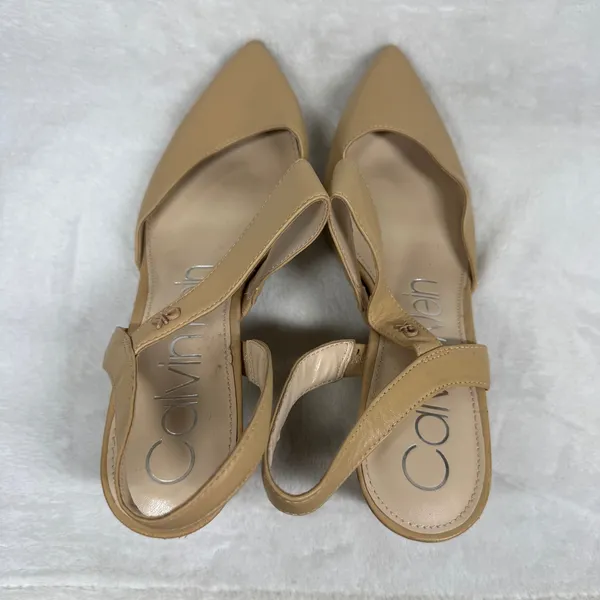 Calvin Klein Tan Leather Pointed Toe Slingback Asymmetrical Strap Heels 9.5‎ - Image 8
