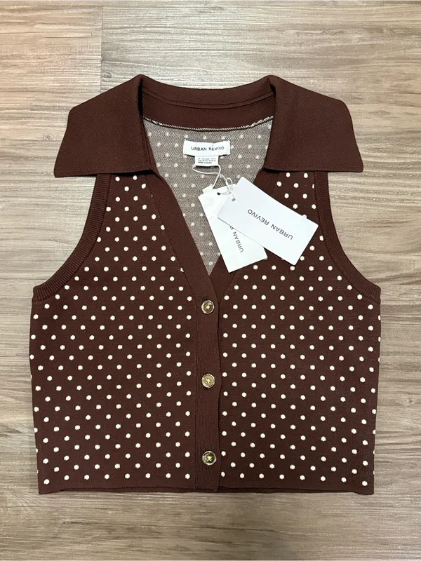 Urban Revivo Retro Polka Dot Knit Vest Brown Crop Top NWT Size M - Image 2