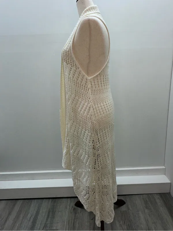 ARIAT Cream Crochet Knit Duster Vest Long Open Front Sleeveless Cardigan L Boho - Image 2
