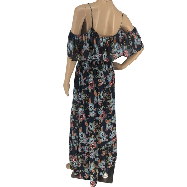 Ann Taylor Loft Floral Cold Shoulder Maxi Dress Navy Blue‎ Large Wrap Tie Waist - Image 12