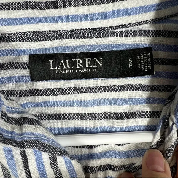 Ralph Lauren‎ Black Label Women Top Sz S Blue White Striped Linen Button Up - Image 2
