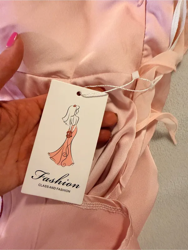 NWT Fashion Light Pink Satin Slip Dress with Ruffle Straps - Image 4