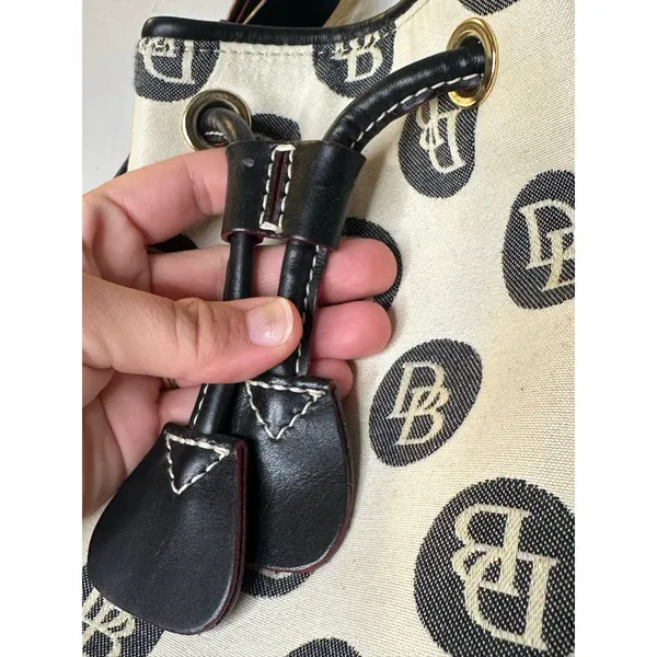 DOONEY & BOURKE Black White DB Monogram Black Leather Drawstring Bucket Bag - Image 14