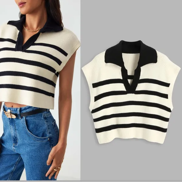 CIDER V Neck Cap Sleeve Sweater Vest Top Casual Trendy Striped Cream Black Sz. S - Image 2
