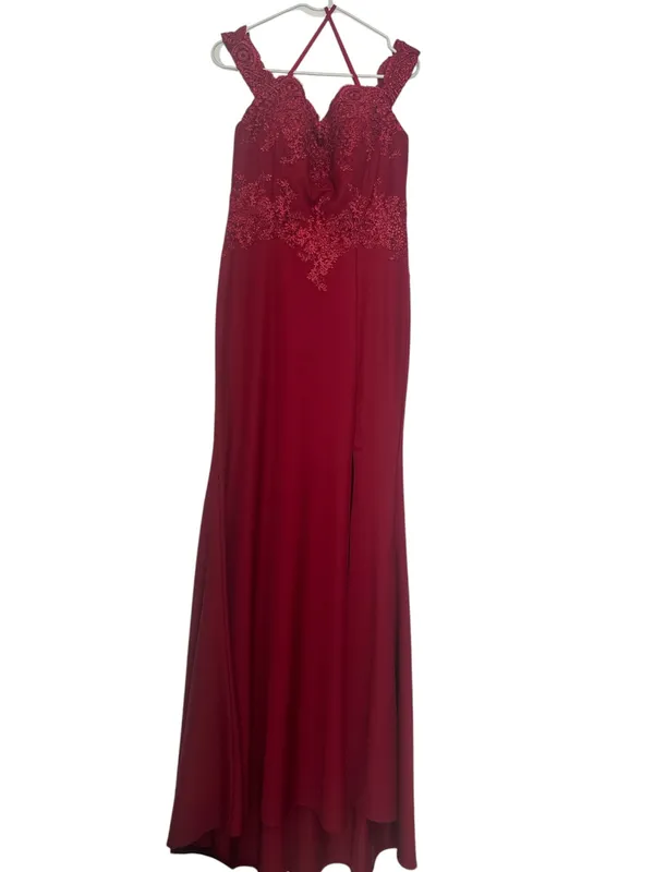 Cinderella Divine BurgundyLace Off Shoulder Prom DressGown L Slit Formal - Image 2