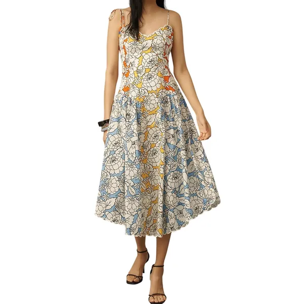 Farm Rio x Anthropologie Basque-Waist Midi Dress Size Large Tie Straps Fit Flare - Image 9