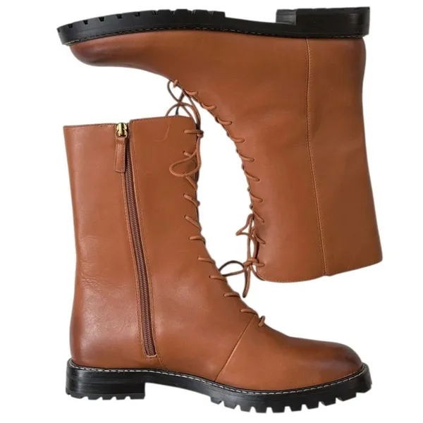 EUC J. Crew Leather Gwen Lace Up Lug Sole Mid-Calf Boots Brown Size 10 - Image 3