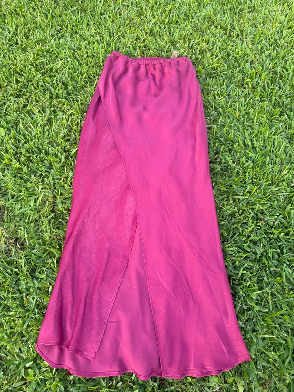 Self Contrast Alaia Overlap Satin Maxi Skirt Burgundy Wine Medium Made USA - Image 2