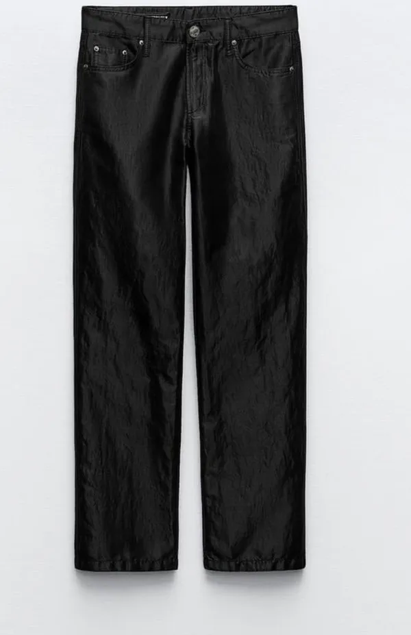 Zara Nwt Satin Effect Shiny Metallic Mid Waist Straight Leg Pants 4 - Image 4