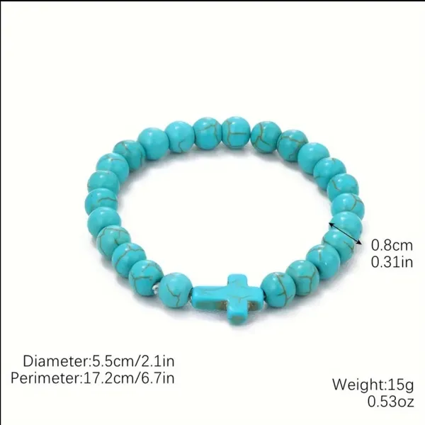 Lovely Faith Vintage-Inspired Turquoise‎ Beaded Bracelet with Cross Pendant - Image 6