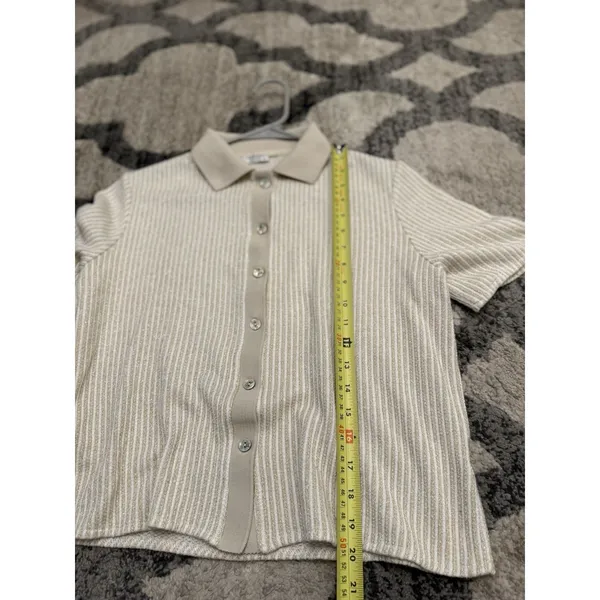 Linea Moda Italy Beige Button Down Knit Shirt M Glitter Thread‎ Short Sleeve - Image 9