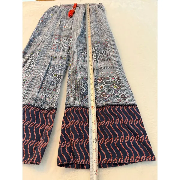 Eloise Anthropologie Boho Geometric Print Wide Leg Smocked‎ Pants Blue Red Small - Image 2