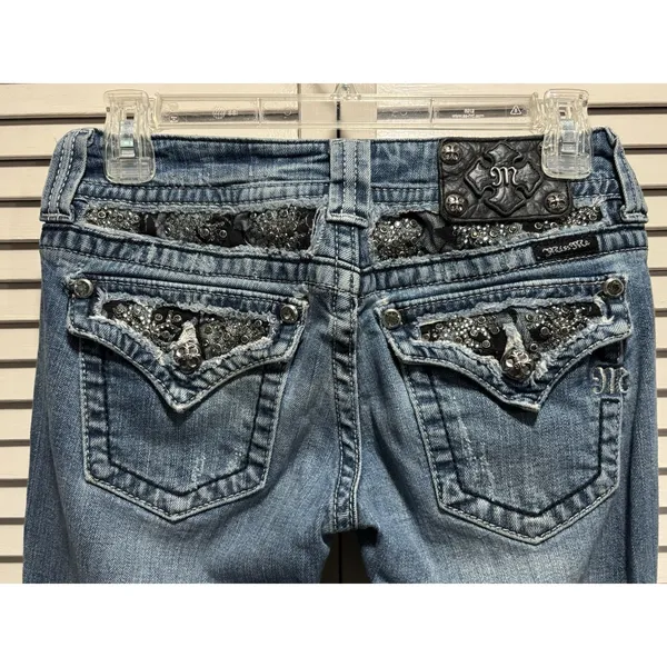Miss Me Easy Boot Denim Jeans‎ Embroidered/Gems Med Wash Logo Size 26 Low Rise - Image 5