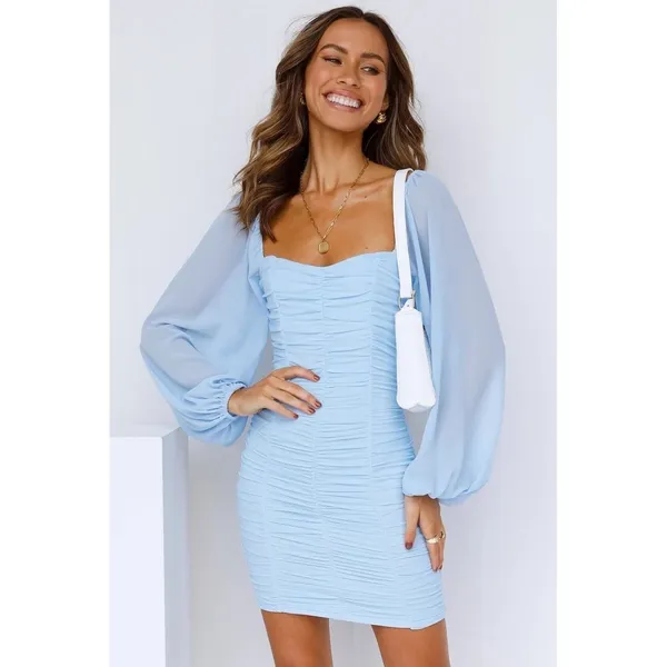 Hello Molly‎ Light Blue Ruched Mini Dress Square Neck Bishop Sleeve Size US 2 XS - Image 2