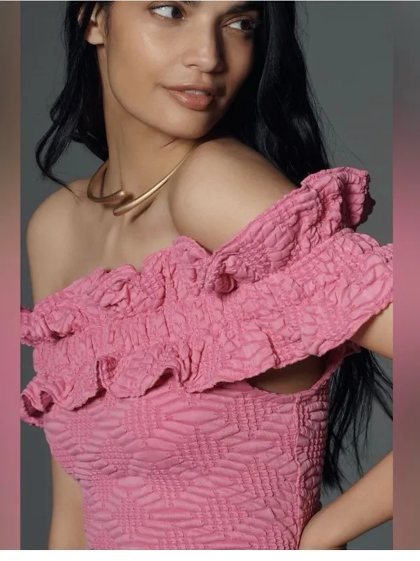 Maeve Textured One-Shoulder Ruffle Knit  in Pink - Image 3