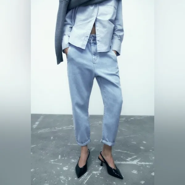 Zara Paperbag Waist Jeans Small Light Wash High Rise Ruffle Denim Mom Pants - Image 3