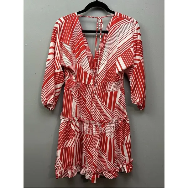 NWT Neiman Marcus Red White Abstract Stripe V-Neck Mini Dress | Size L - Image 4