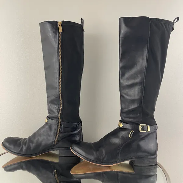 Michael Kors Black Leather Gold Hardware Buckle Arley Knee High Riding Boots - Image 14