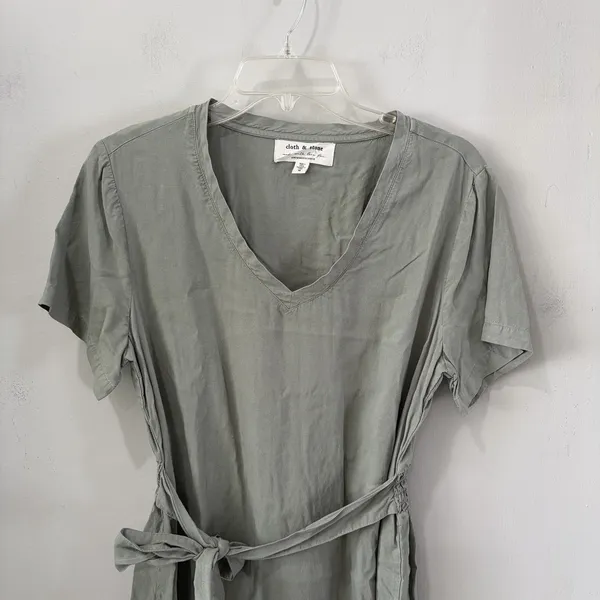 Anthropologie Cloth & Stone Sage Green V-Neck Short Sleeve‎ Tie Waist Dress Med - Image 4