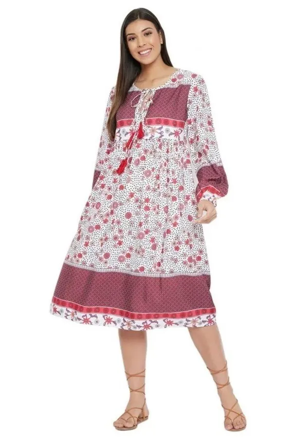 Gypsy Blu Boho Mixed Print Tassels Puff Sleeve Floral Midi Dress Size 3X NEW - Image 2