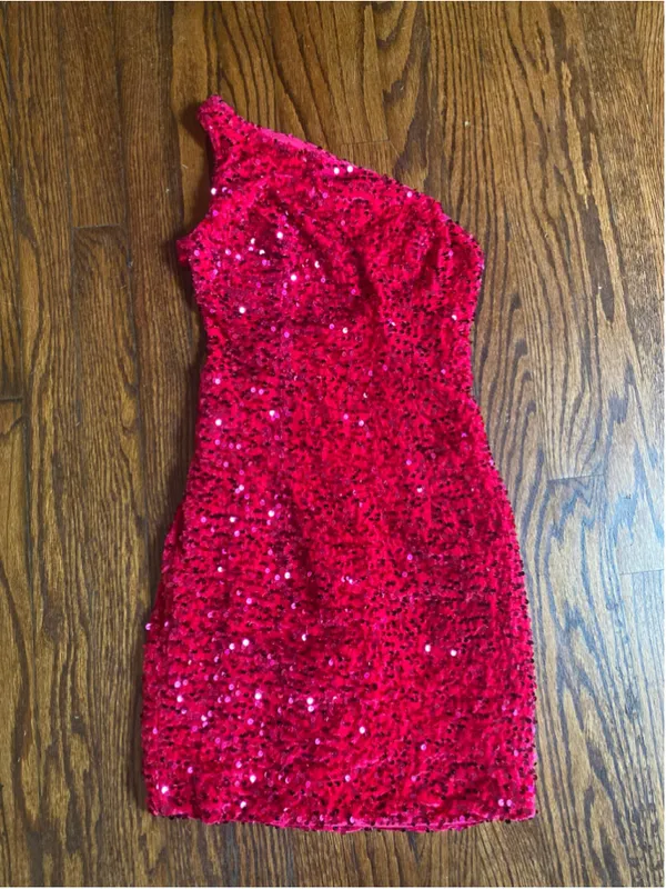 LaVetir Hot Pink Sequin Mini Dress One Shoulder Bodycon Party Cocktail Glam Y2K - Image 2