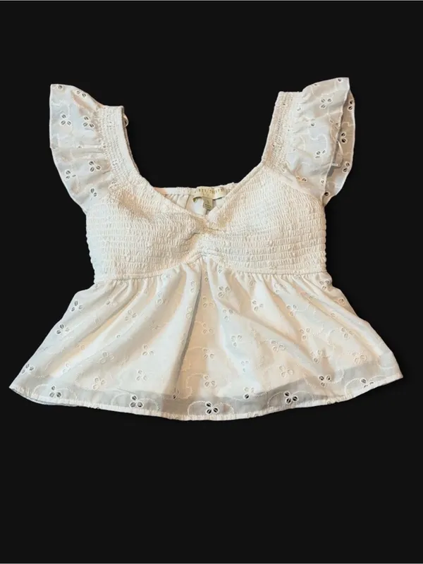 White Eyelet Smocked Peplum Blouse with Flutter Sleeves - Image 6