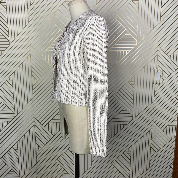 Theory Galinne Speckle Boucle Knit Fringe Sweater Jacket Cream Red Size Small‎ - Image 8